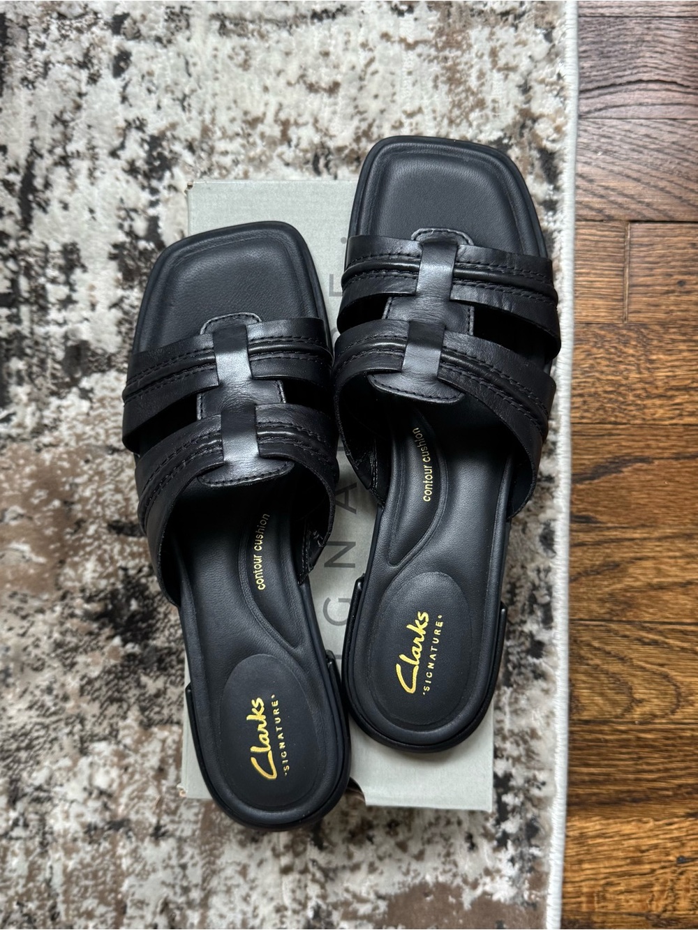 Clarks Black Leather Slide Sandals with Braided Straps